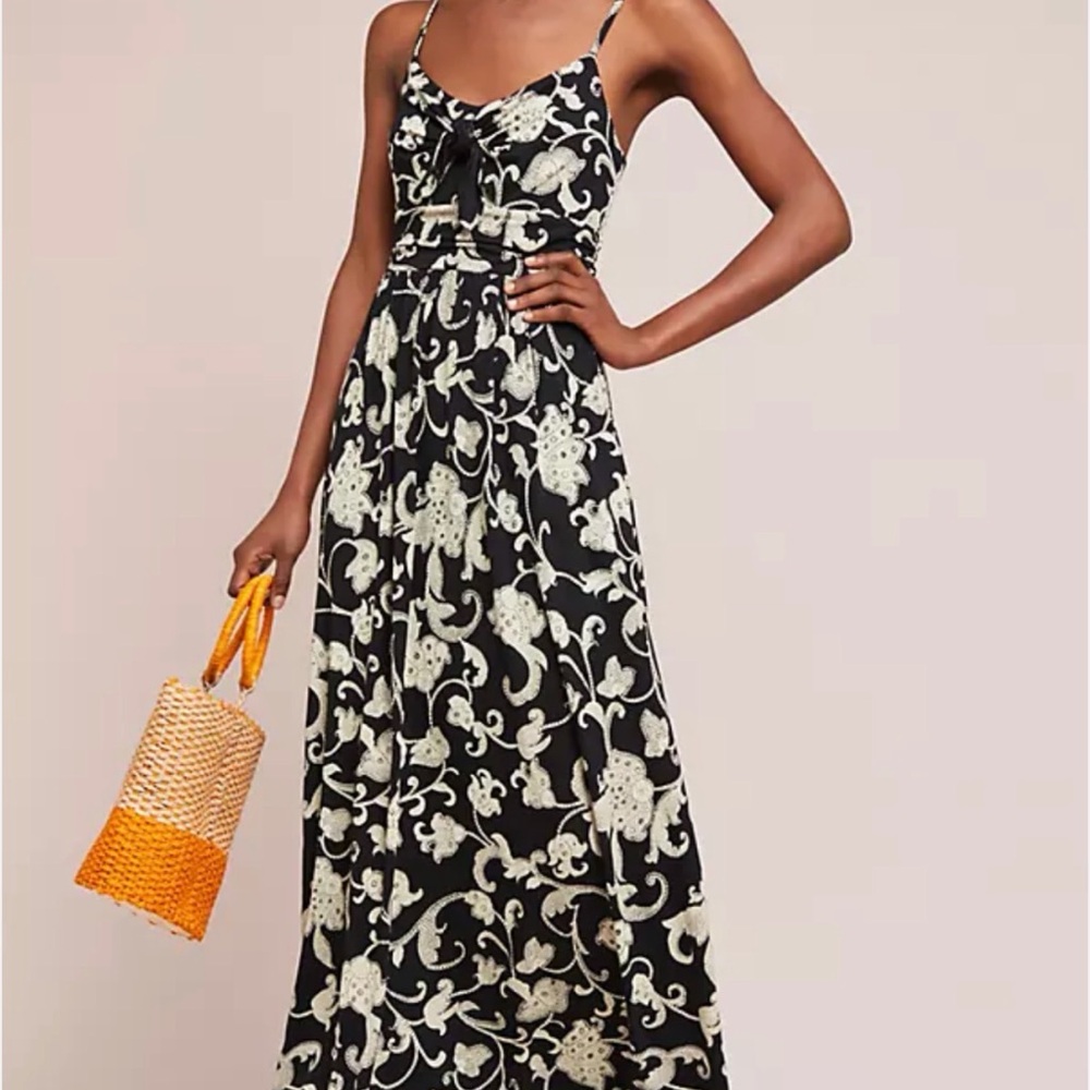 Moulinette Soeurs buy anthropology Black Maxi Dress with Cream Floral Print